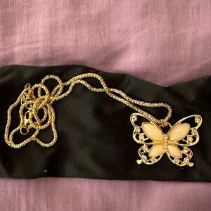 New women's butterfly 14k gold plated pendant. Rhinestone and pink enamel stones